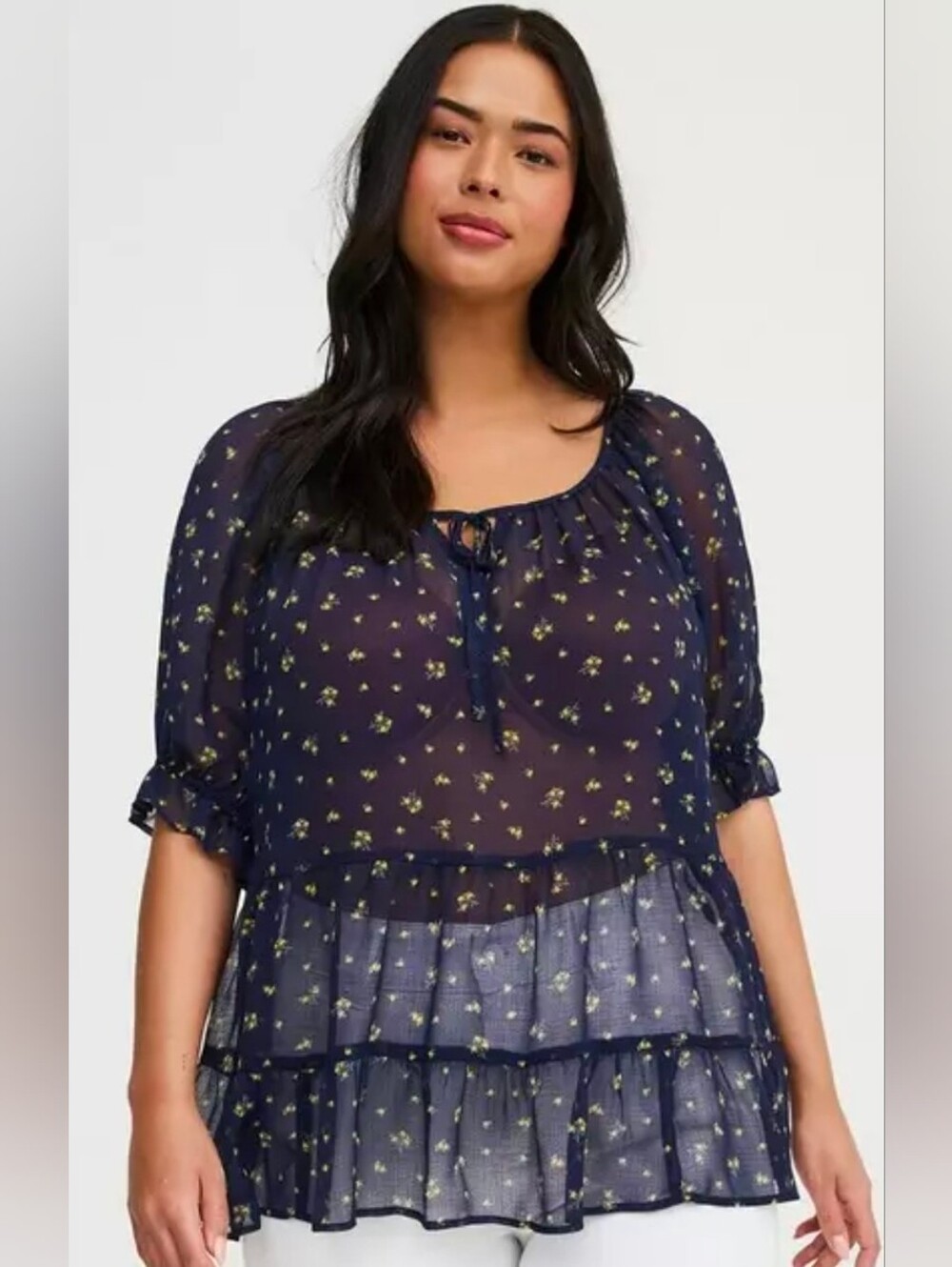 torrid Navy Sheer Floral Tie-Neck Ruffle Blouse